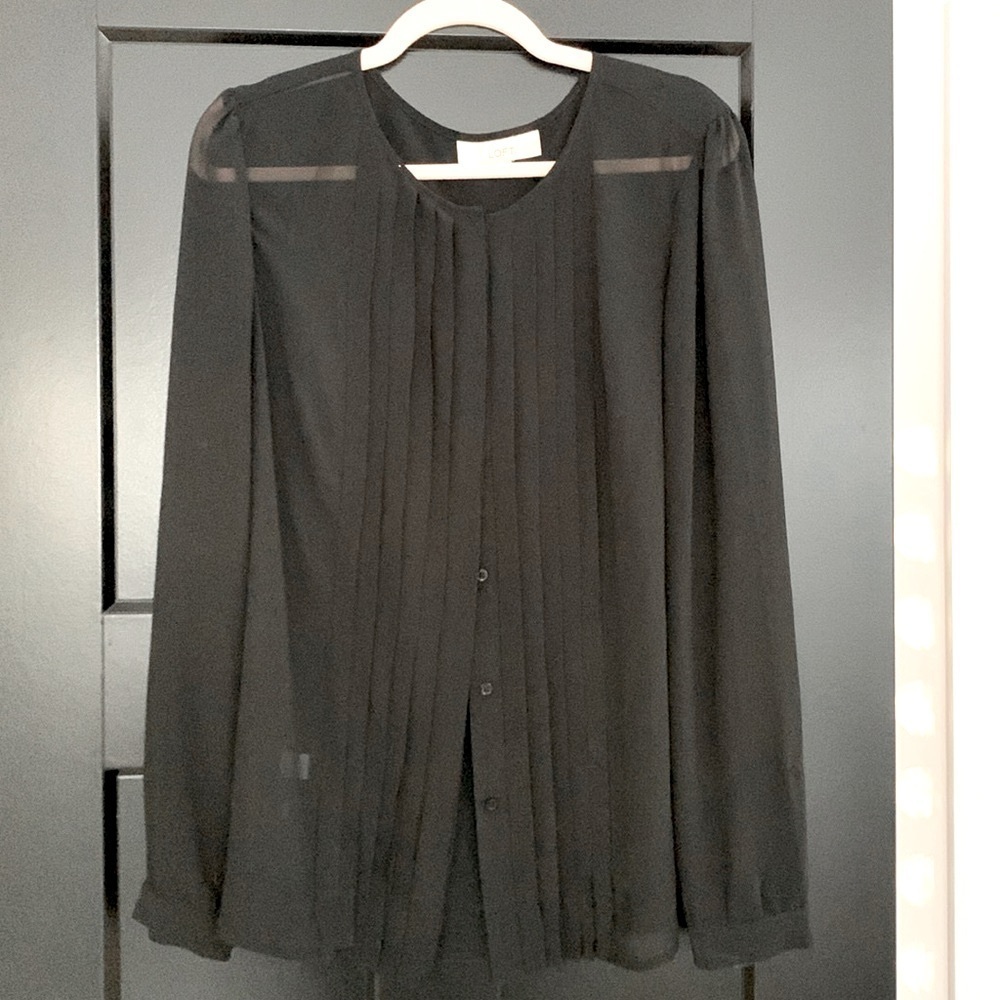 Loft Sheer/Sexy/Feminine Pleated Black Long Sleeve Blouse. Size Large